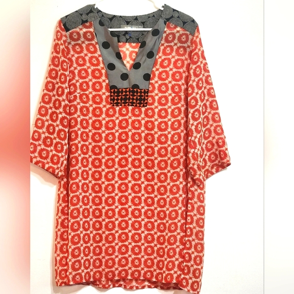 ALEMBIKA Sheer CHIFFON Geometric ORANGE Silver Cream BLACK TUNIC - Picture 1 of 7